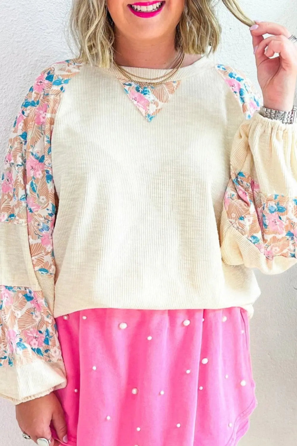 Apricot Plus Size Floral Patchwork Ribbed Puff Sleeve Top Dear-Lover Dropshipping