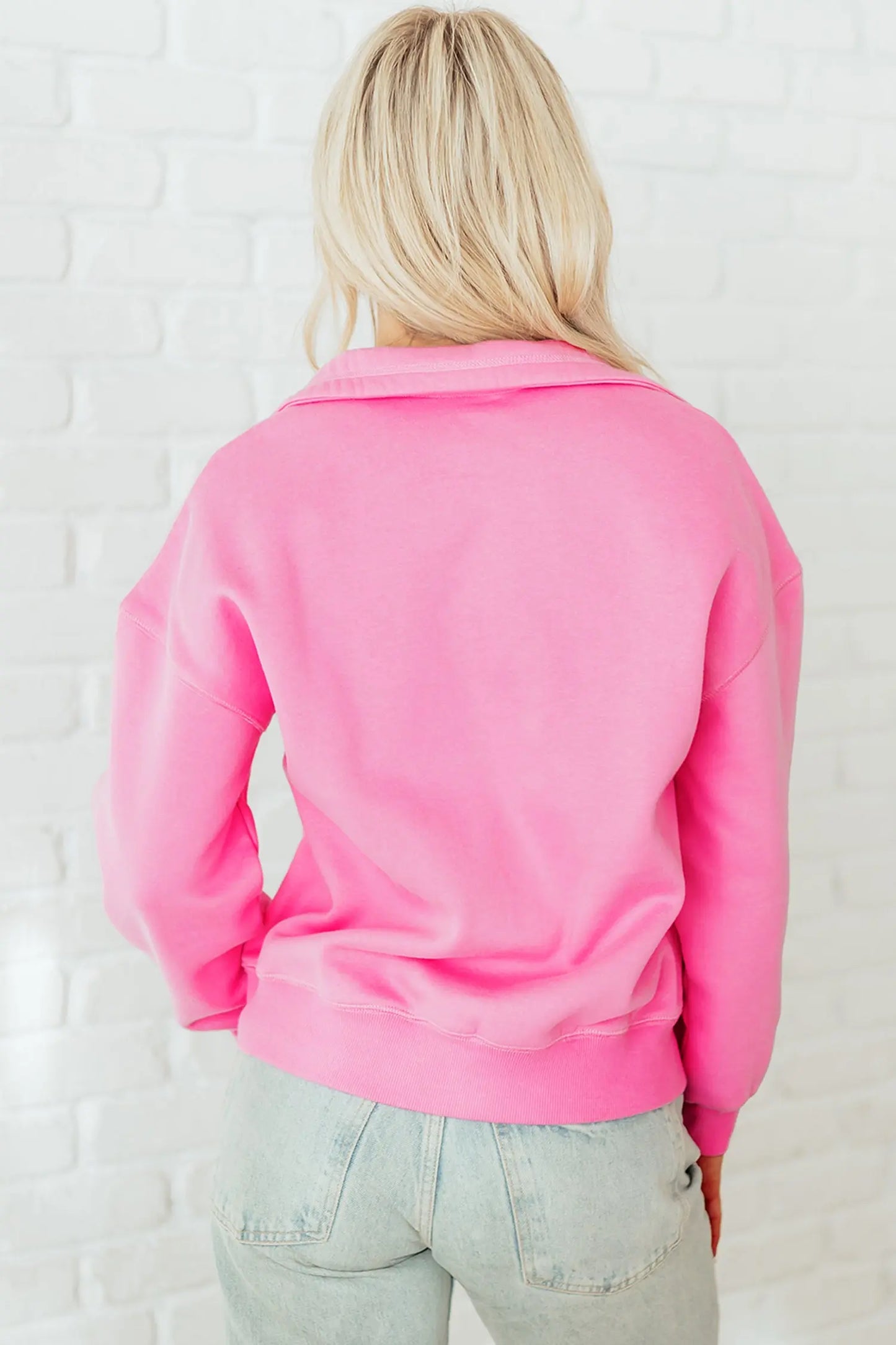Bright Pink Half Button Stand Neck Drop Shoulder Sweatshirt