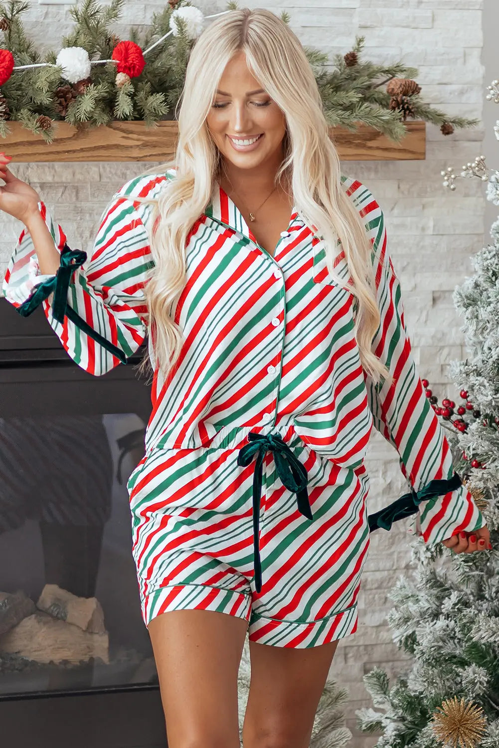 Green Stripe Contrast Velvet Ribbon Knot Christmas 2pcs Pajama Set Dear-Lover Dropshipping