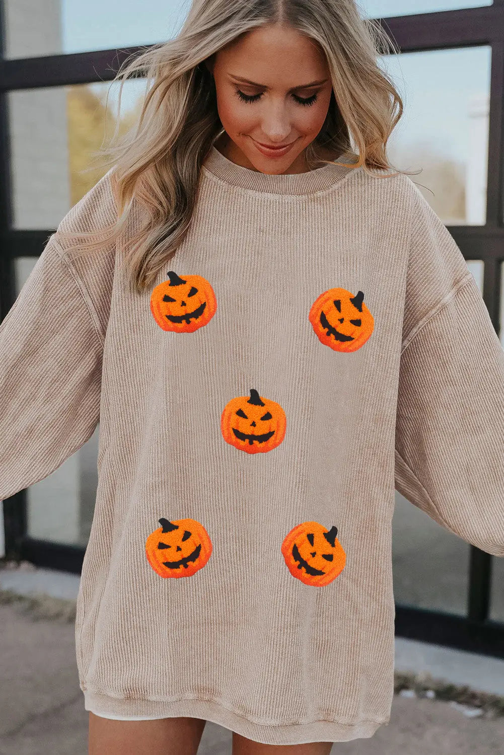 Apricot Twisted Rib Texture Chenille Halloween Pumpkin Patched Drop Shoulder Sweatshirt Dear-Lover Dropshipping