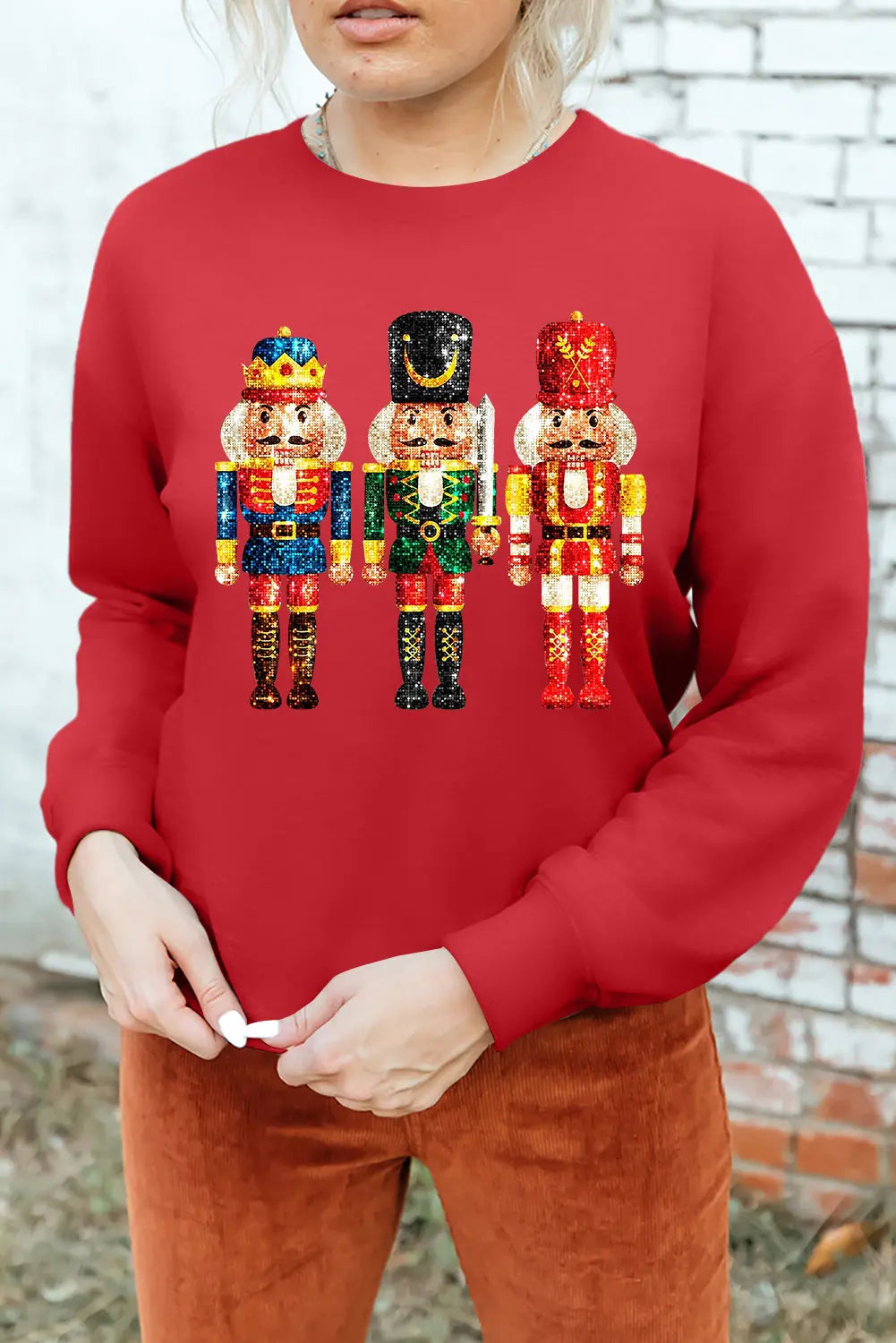 Red Christmas Metallic Nutcracker Graphic Crew Neck Sweatshirt Dear-Lover Dropshipping