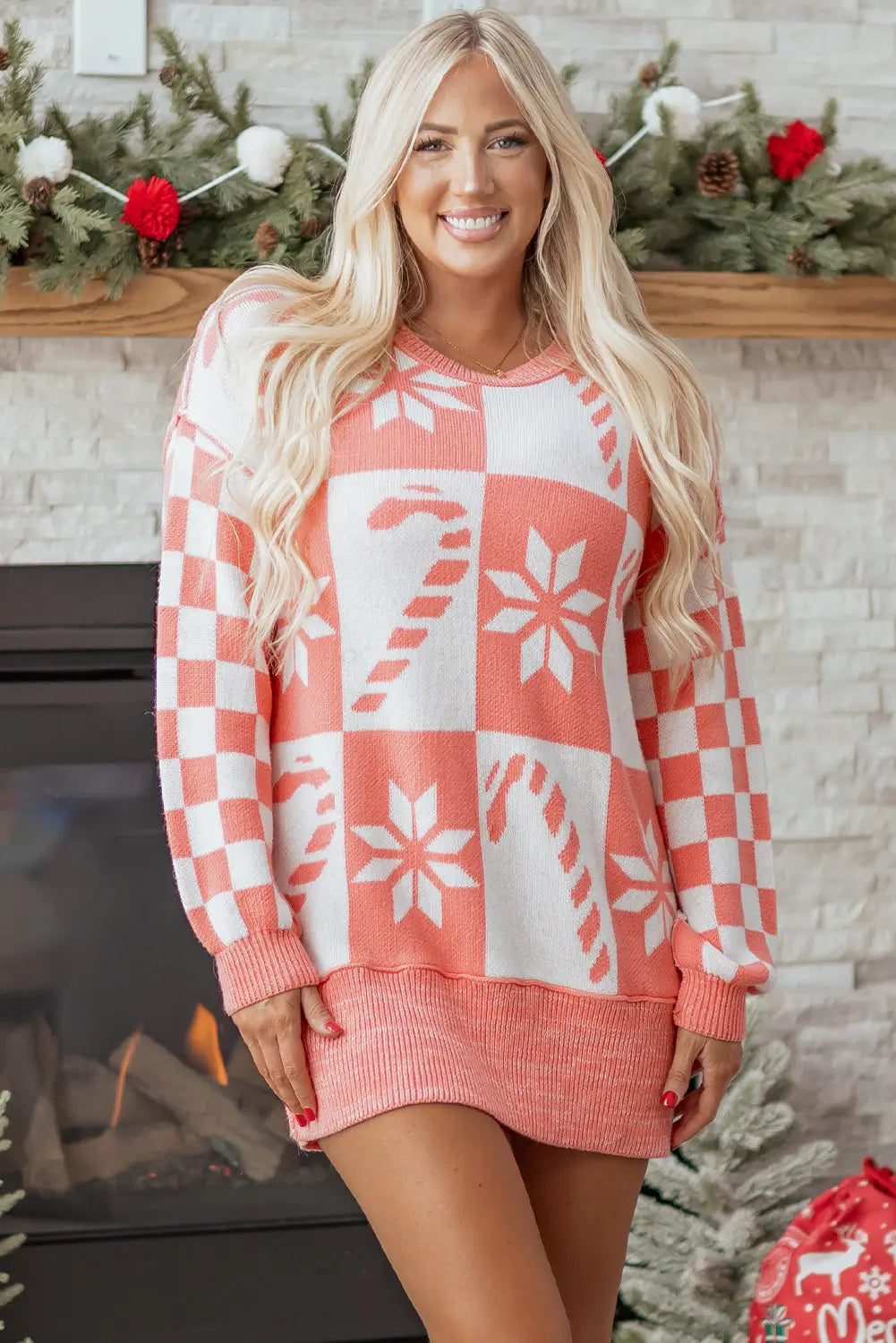 Pink Candycane Snowflake Checker Christmas Holiday Drop Shoulder Tunic Loose Sweater Dear-Lover Dropshipping