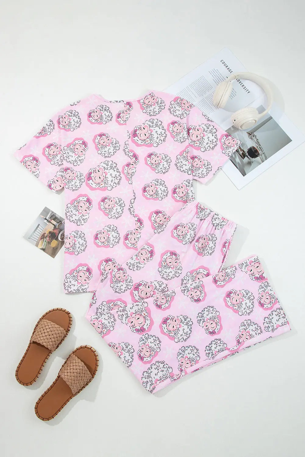 Pink Santa Claus Print V Neck Tee Drawstring Pants 2pcs Lounge Set Dear-Lover Dropshipping