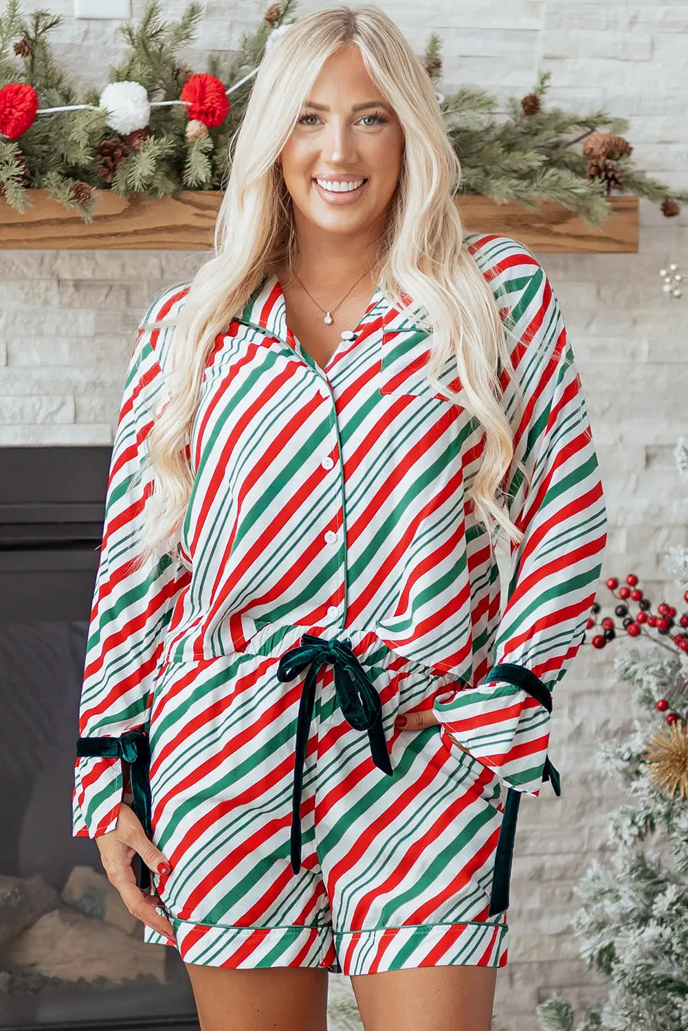 Green Stripe Contrast Velvet Ribbon Knot Christmas 2pcs Pajama Set Dear-Lover Dropshipping