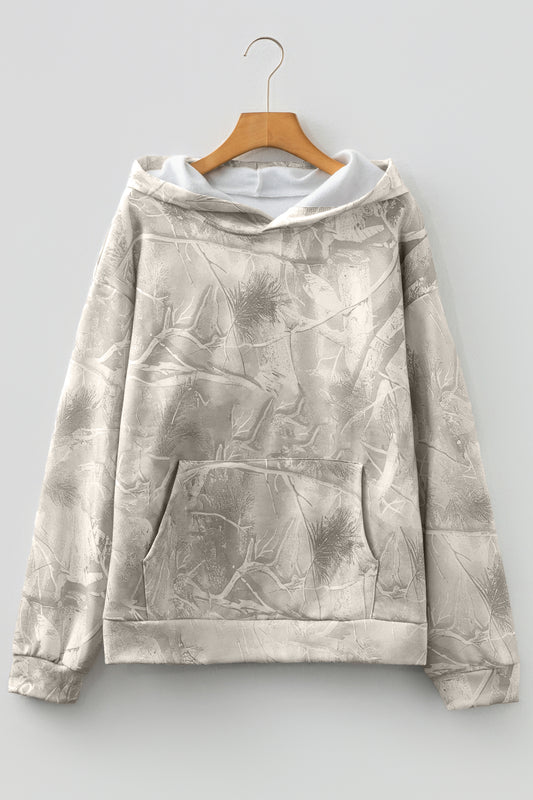 Beige Camouflage Woodland Print Oversized Sporty Hoodie