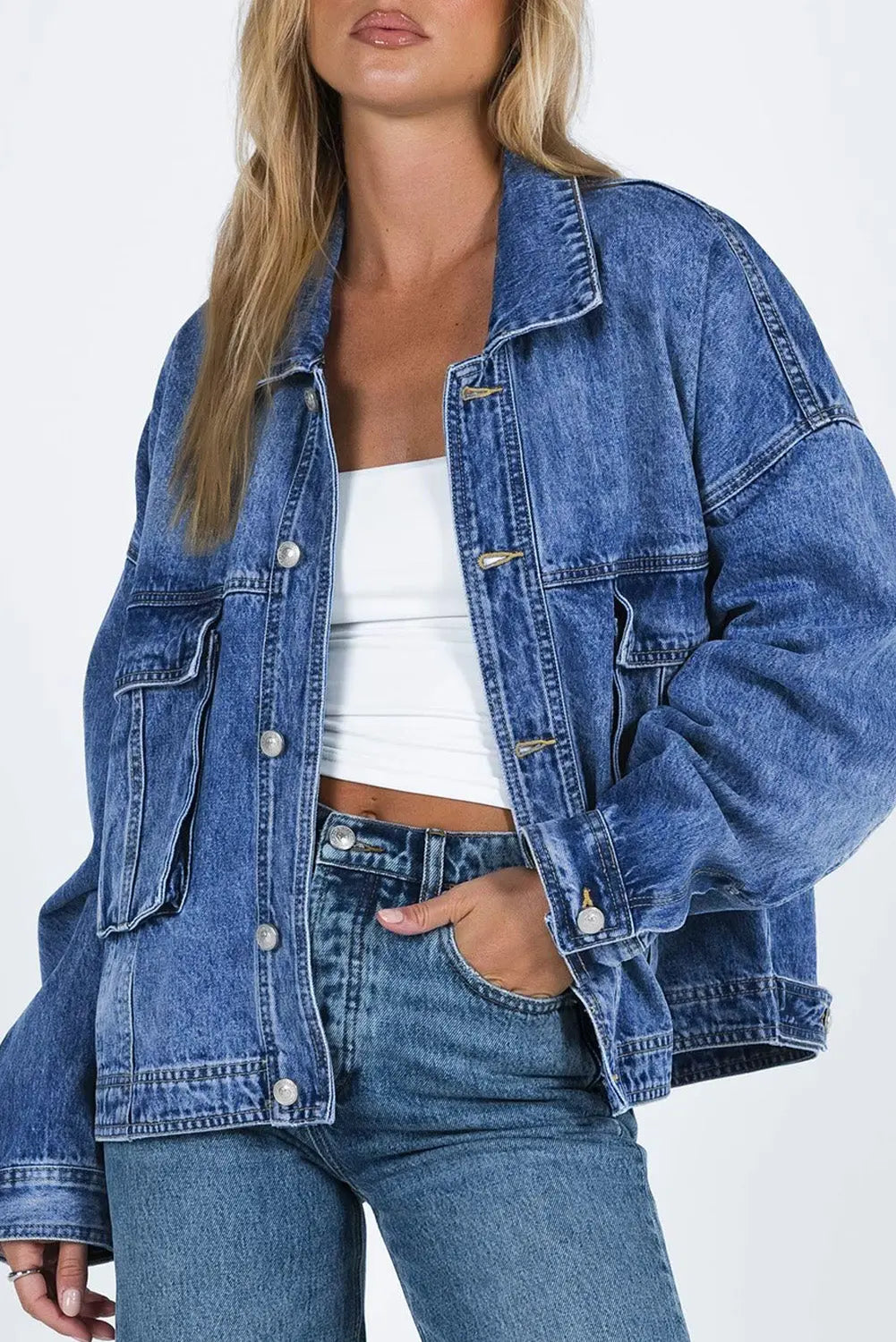 Blue Chest Pockets Drop Shoulder Loose Denim Jacket Dear-Lover Dropshipping