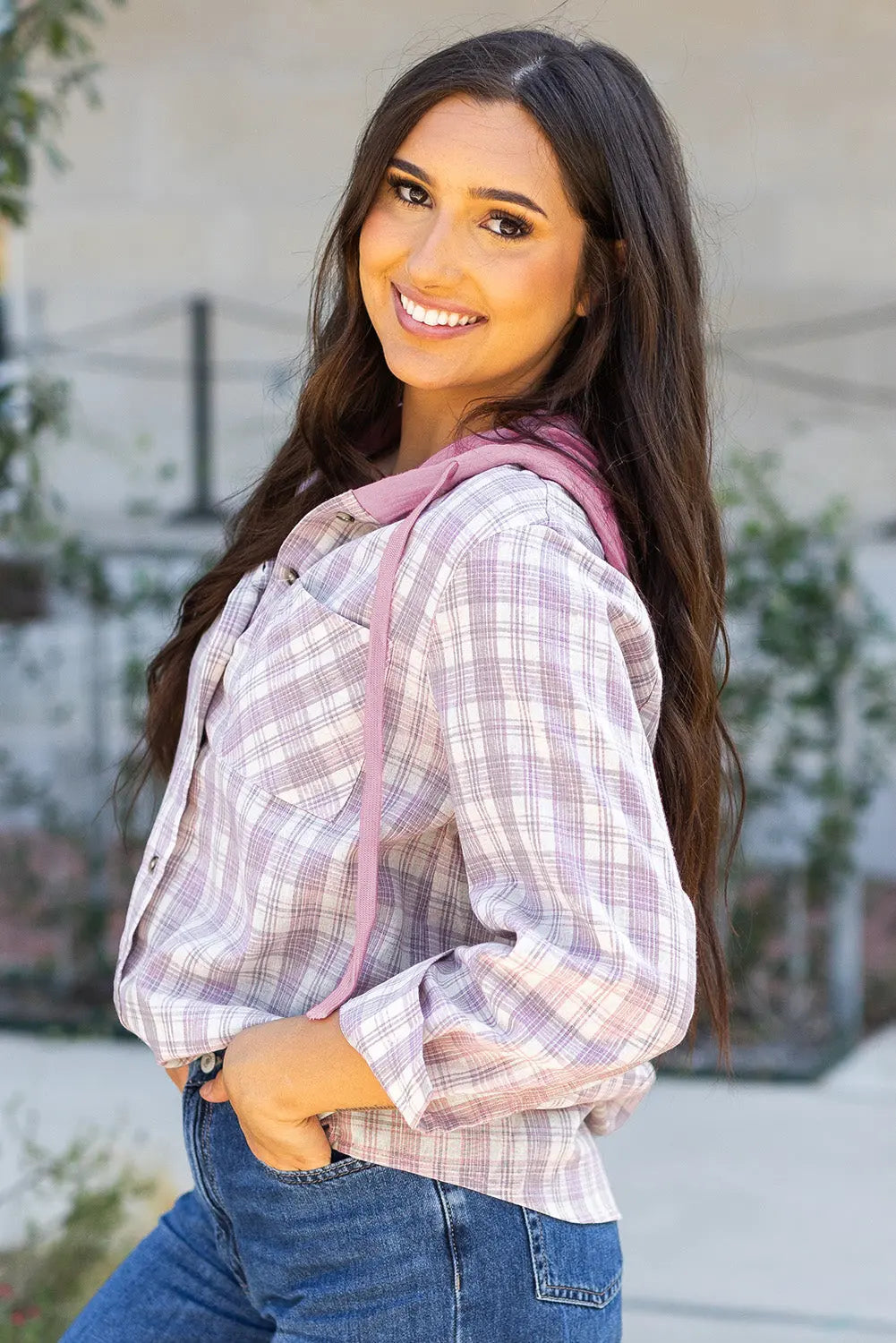 Pink Checkered Print Loose Fit Buttoned Hooded Shacket Dear-Lover Dropshipping