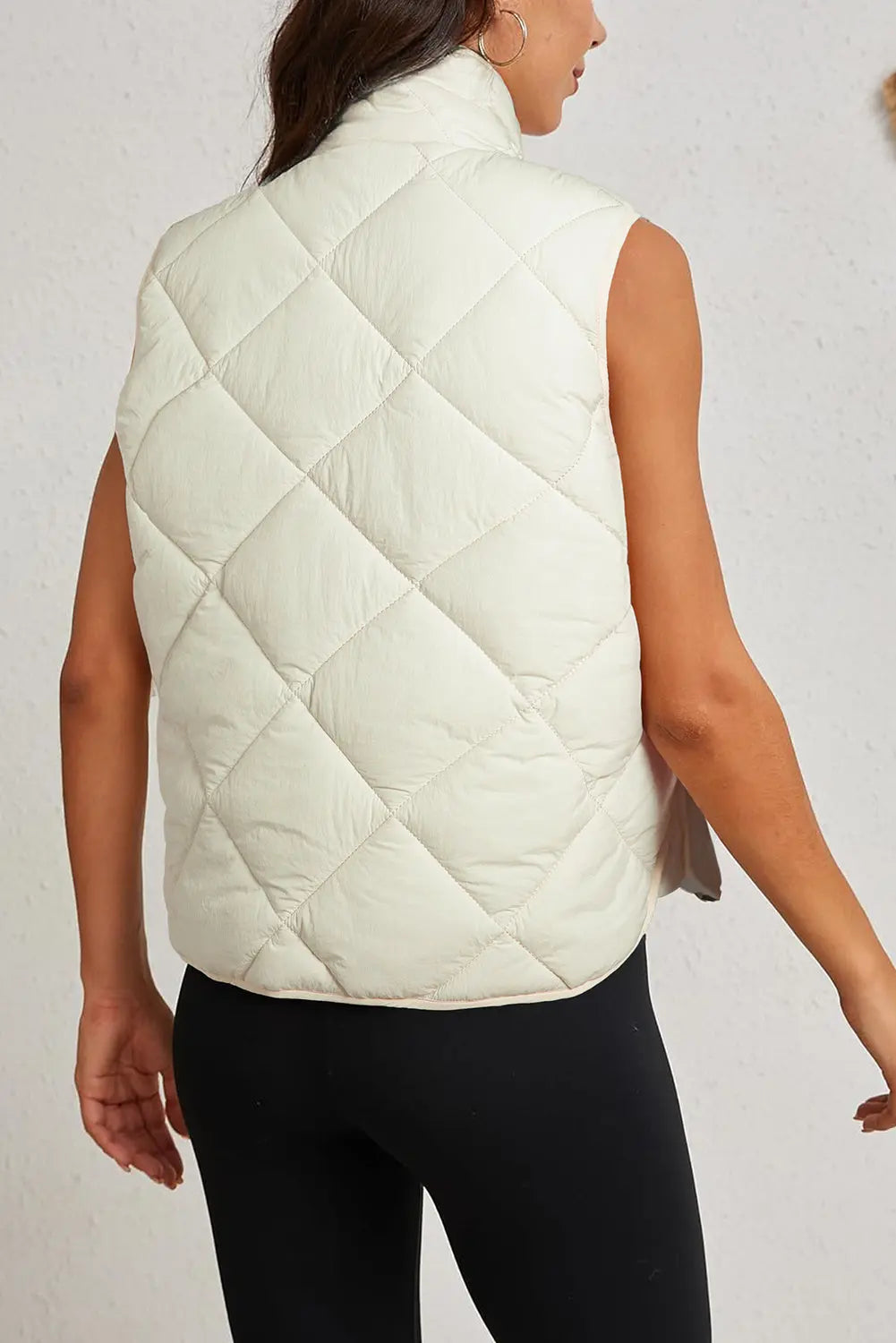 Beige Quilted High Neck Button Up Pocket Vest Coat Dear-Lover Dropshipping