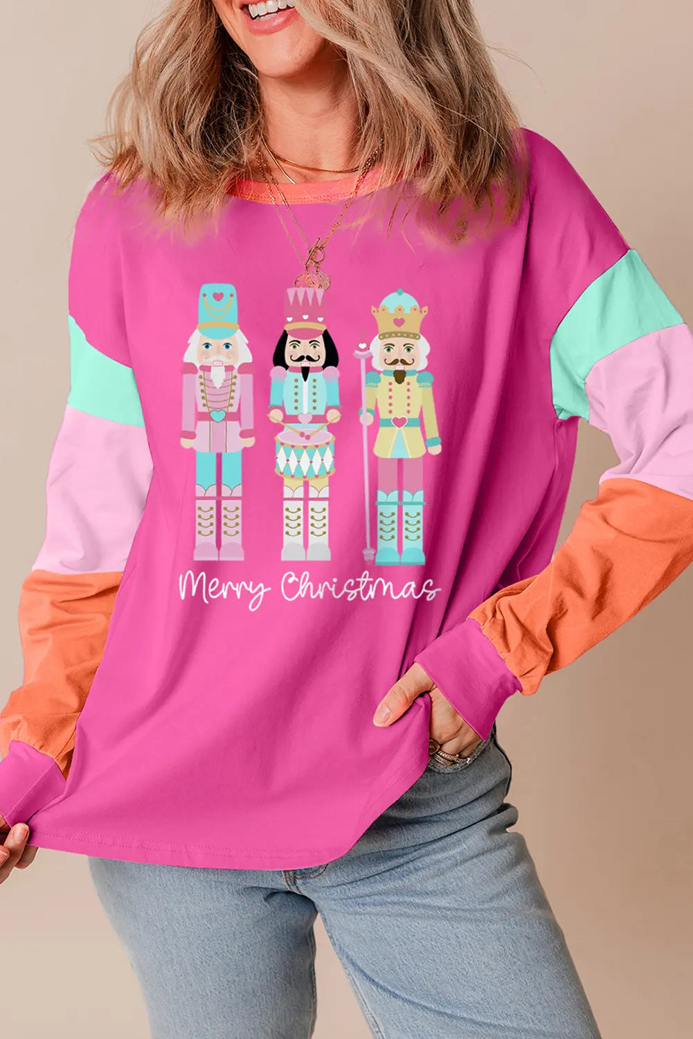Rose Red Nutcracker Merry Christmas Graphic Colorblock Long Sleeve Tee Dear-Lover Dropshipping