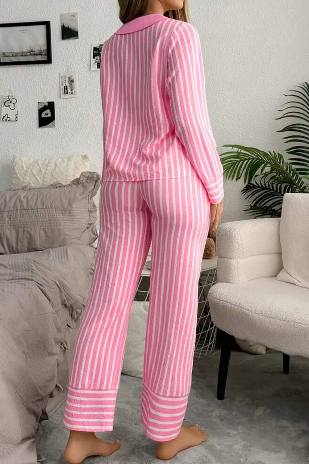 Pink Stripe Buttoned Front Long Sleeve Top and Pants 2 Piece Sleepwear Dear-Lover Dropshipping
