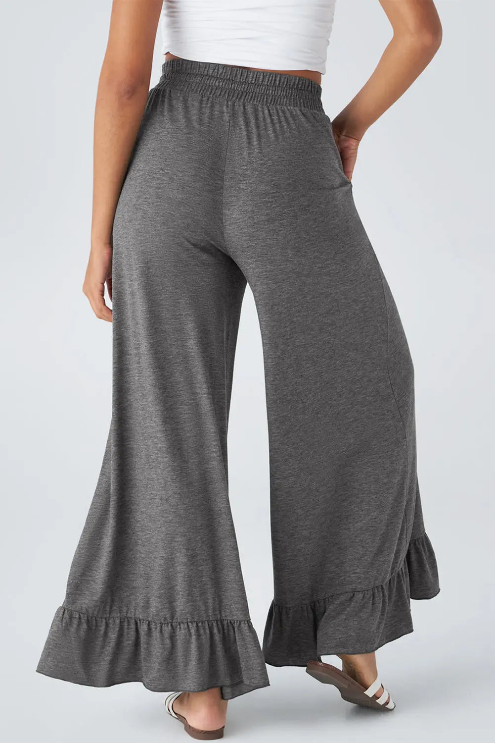 Medium Grey Ruffled Wide Leg Pull On High Waist Pants with Pockets Dear-Lover Dropshipping