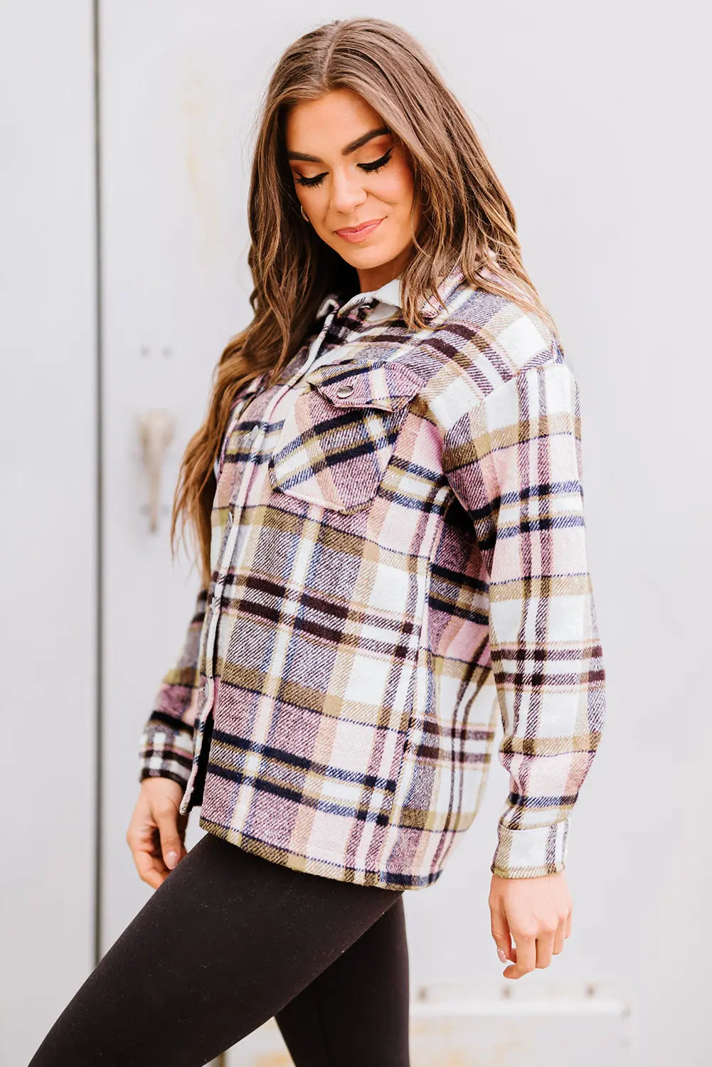 Pink Geometric Plaid Print Pocketed Shacket Dear-Lover Dropshipping