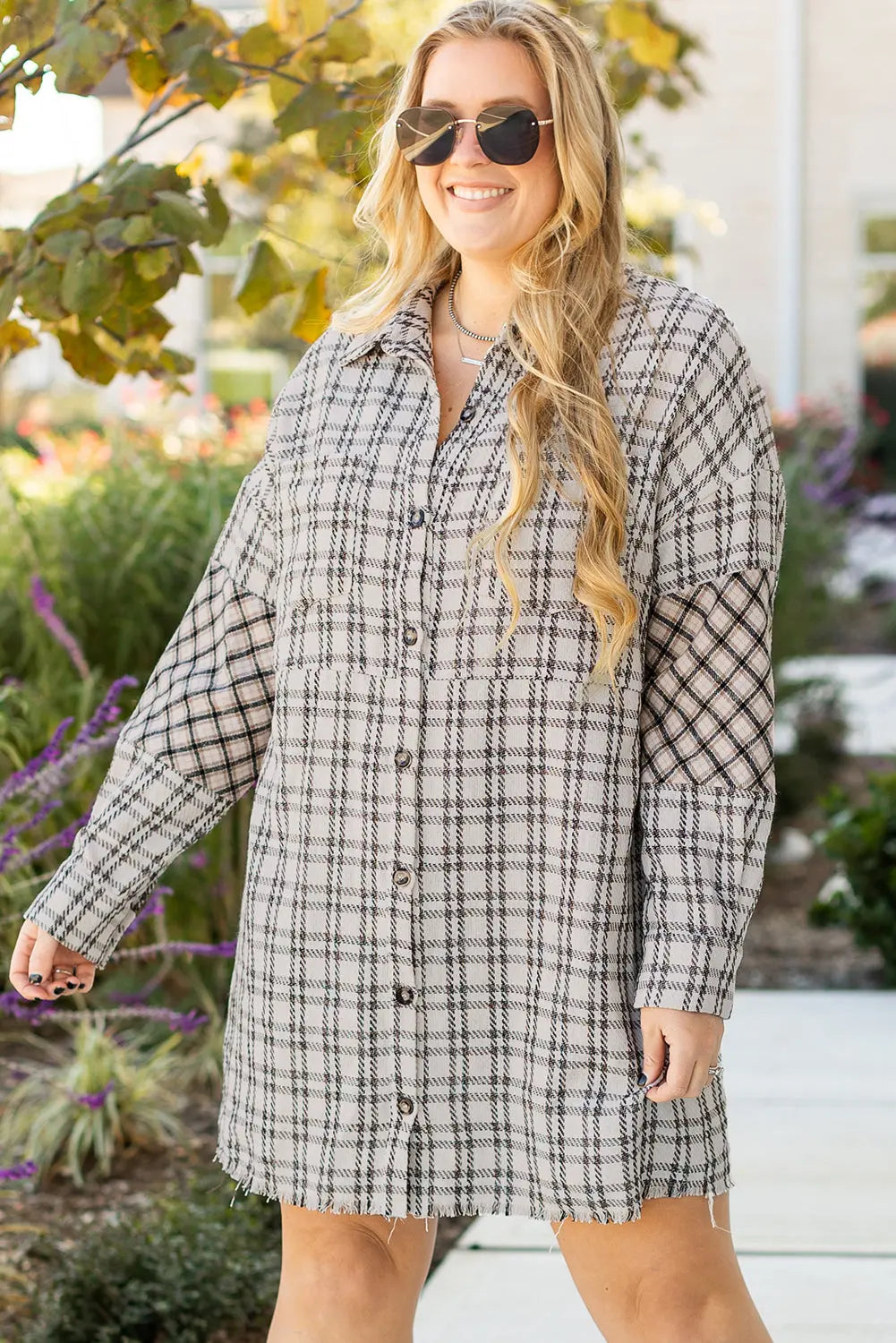 White Stripe Plus Size Plaid Buttoned Raw Hem Tunic Shirt Dress Dear-Lover Dropshipping