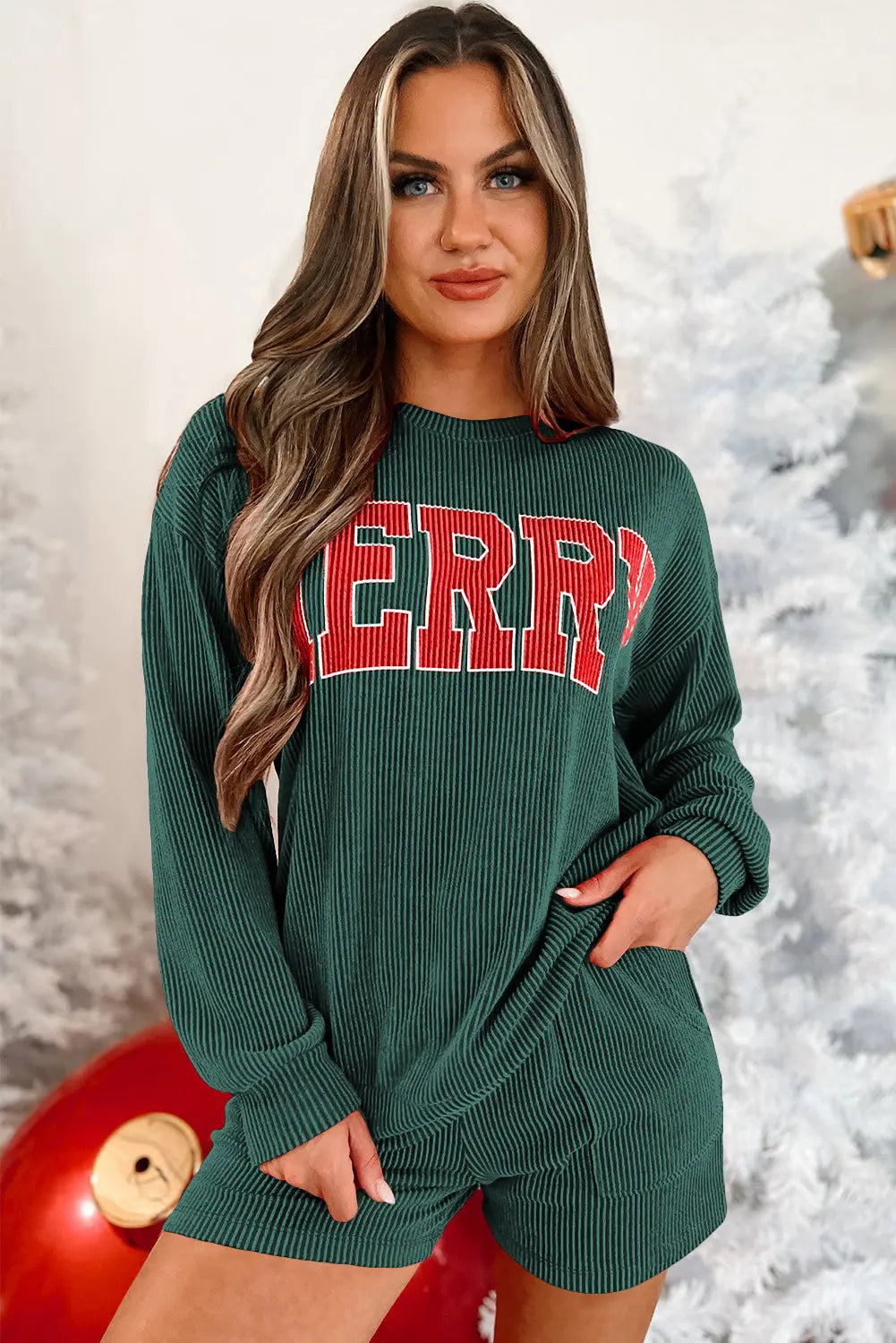 Evergreen Corded MERRY Graphic Long Sleeve Top and Shorts Set Dear-Lover Dropshipping