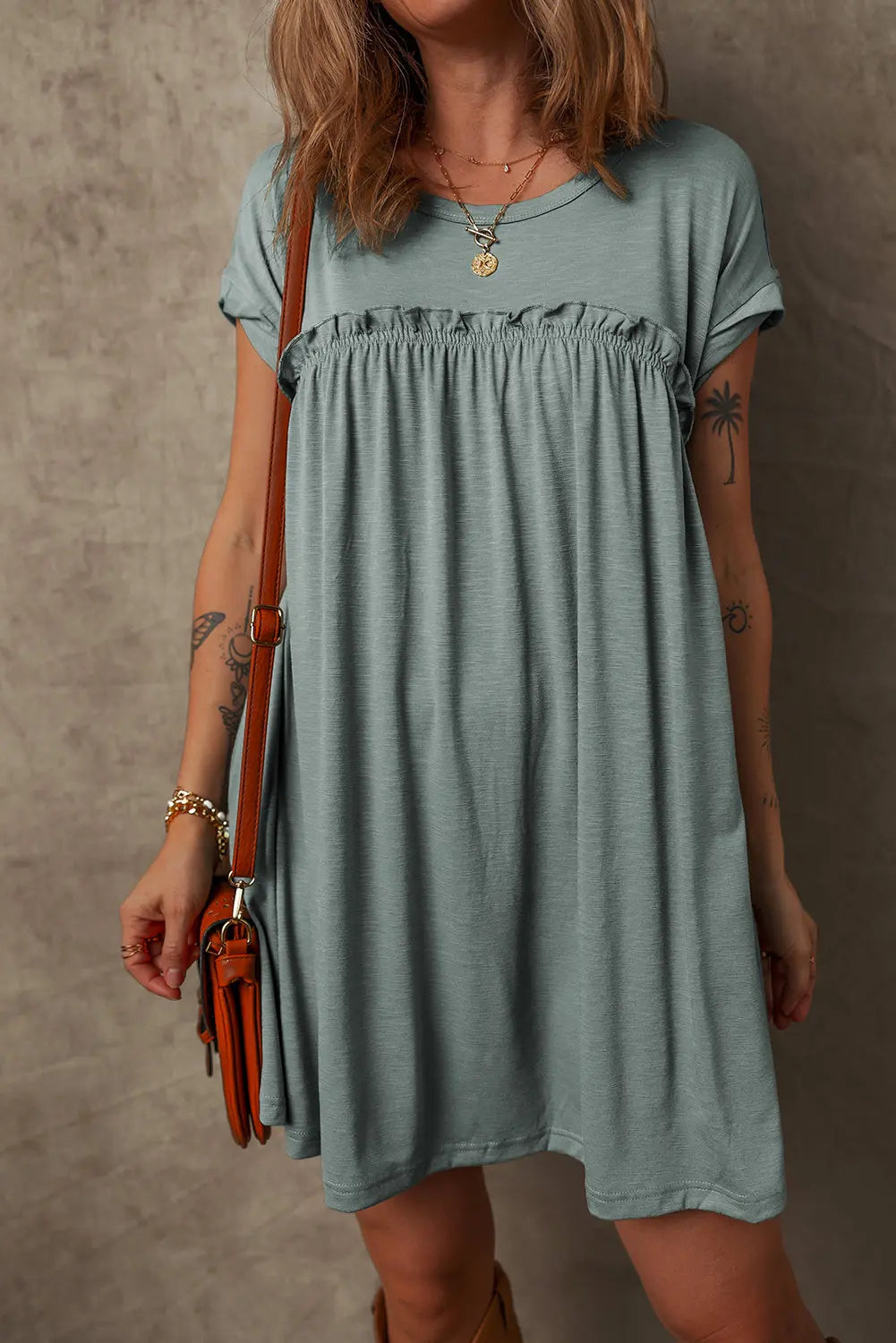 Mist Green Frilled Gathered Seam Round Neck T Shirt Dress Dear-Lover Dropshipping