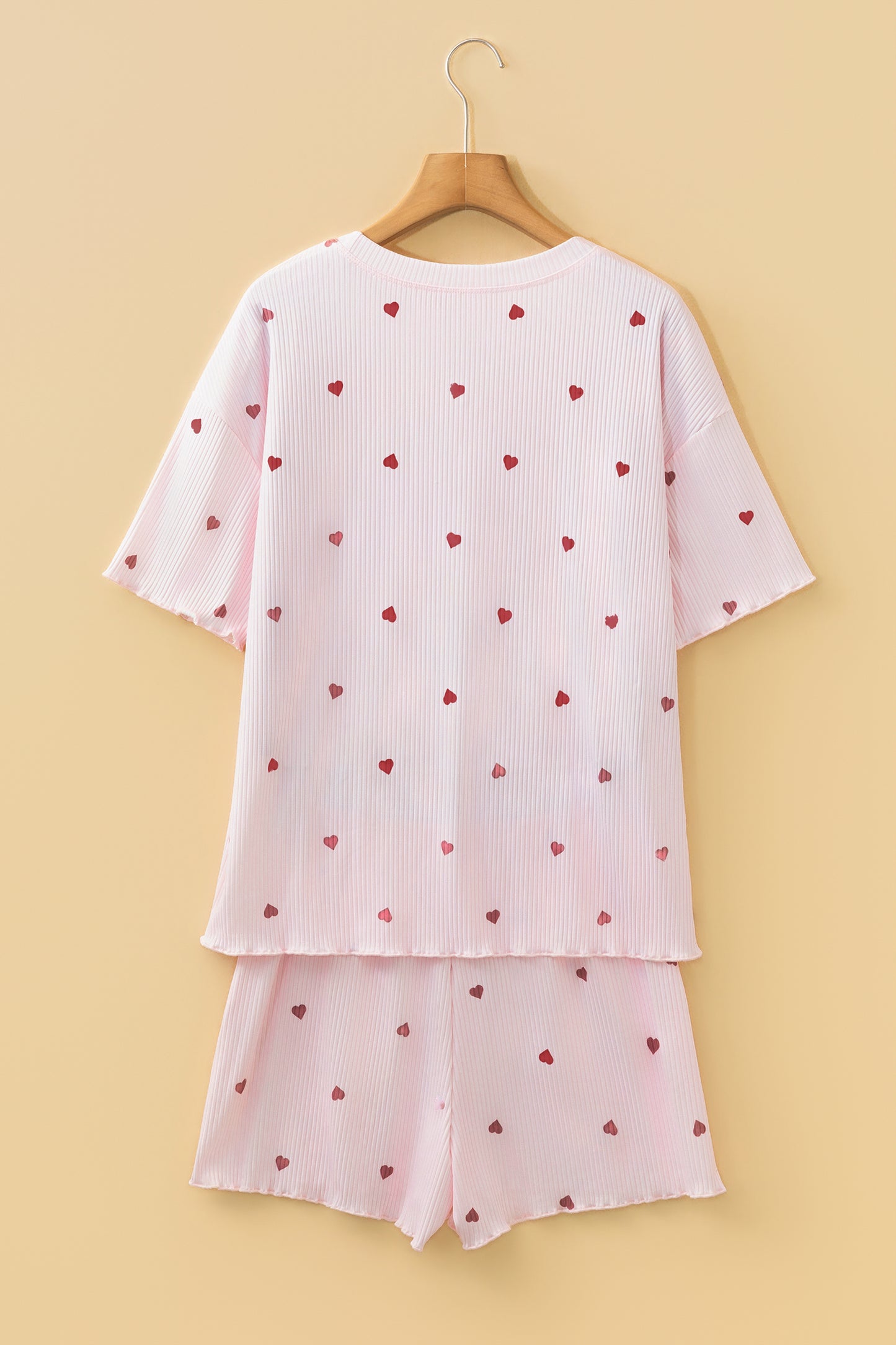 Light Pink Valentine Heart Shape Print Ribbed Knit Short Lounge Set