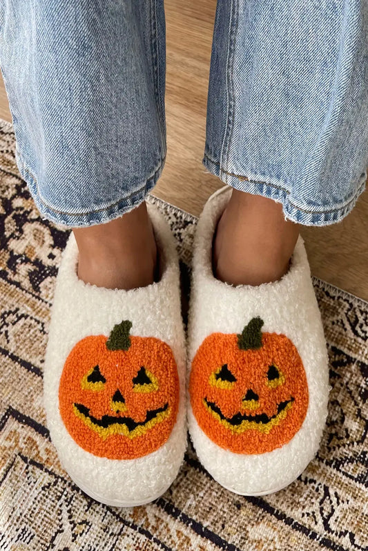 White Halloween Pumpkin Print Plush Slippers (Runs Small, Size Up) Dear-Lover Dropshipping
