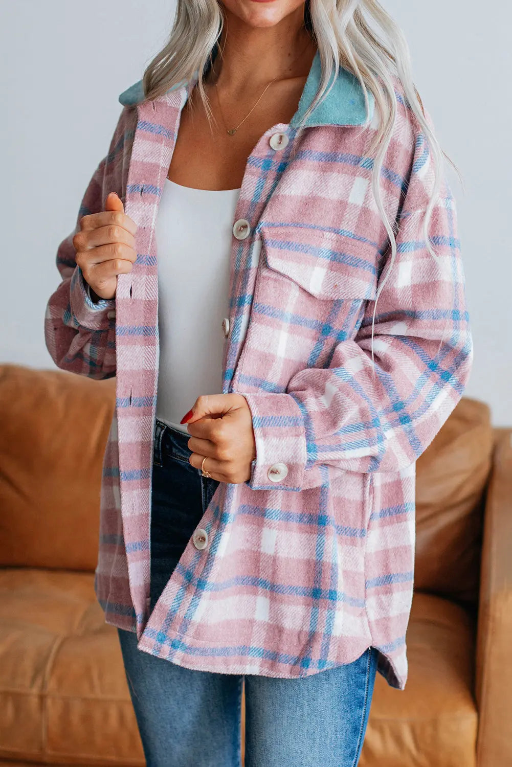 Pink Plaid Print Color Block Collared Flap Pockets Loose Shacket Dear-Lover Dropshipping