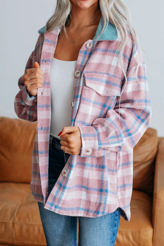 Pink Plaid Print Color Block Collared Flap Pockets Loose Shacket Dear-Lover Dropshipping