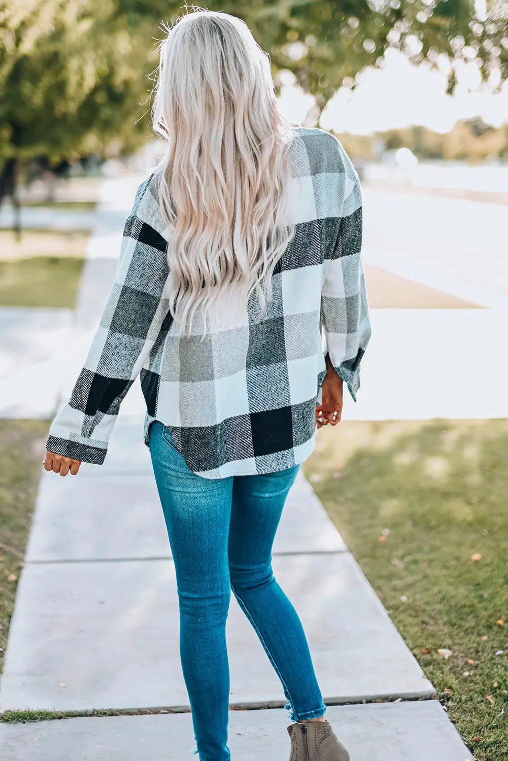 Gray Plaid Color Block Buttoned Long Sleeve Jacket with Pocket Dear-Lover Dropshipping