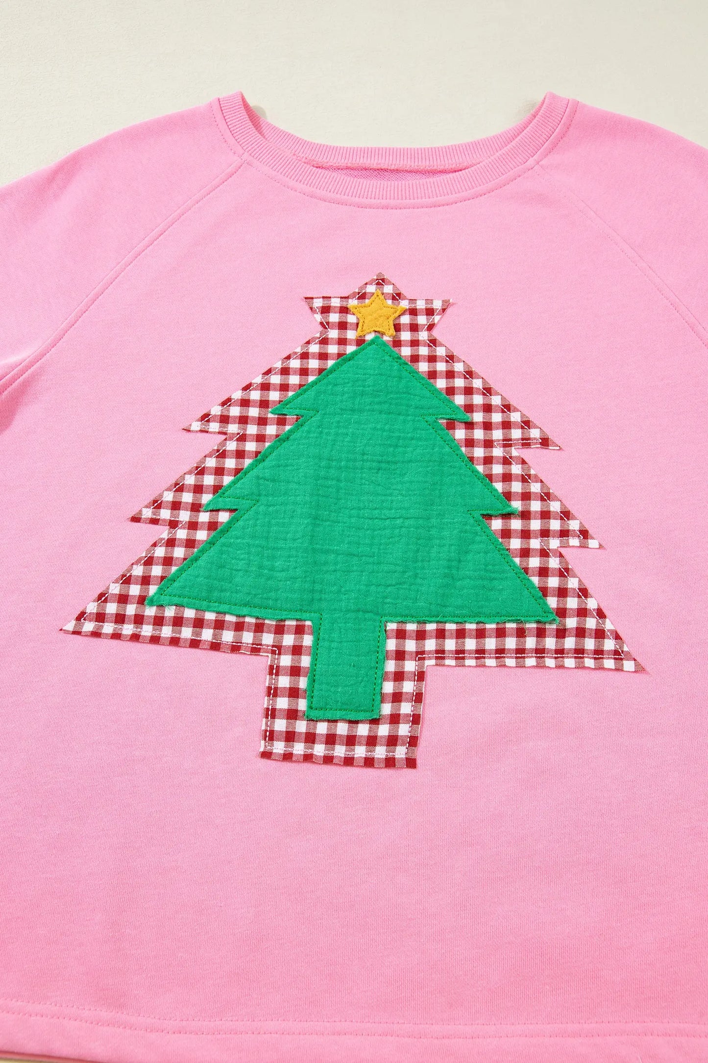 Sachet Pink Plaid Contrasted Double Christmas Tree Patched Raglan Sleeve Pullover 2pcs Short Set