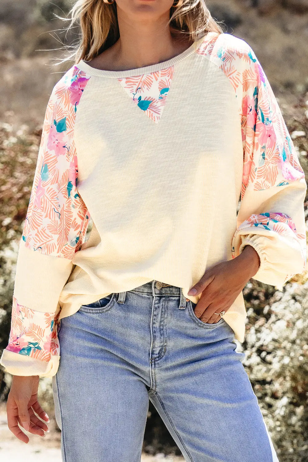 Apricot Textured Floral Patchwork Balloon Sleeve Blouse Dear-Lover Dropshipping