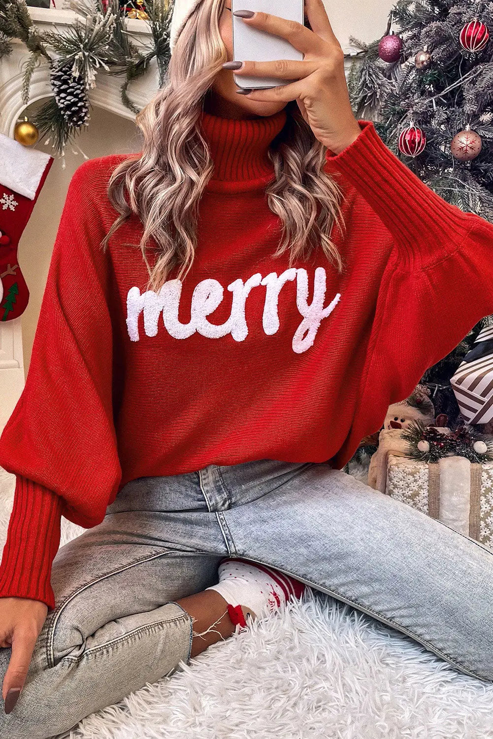 Fiery Red Merry Letter Embroidered High Neck Sweater Dear-Lover Dropshipping