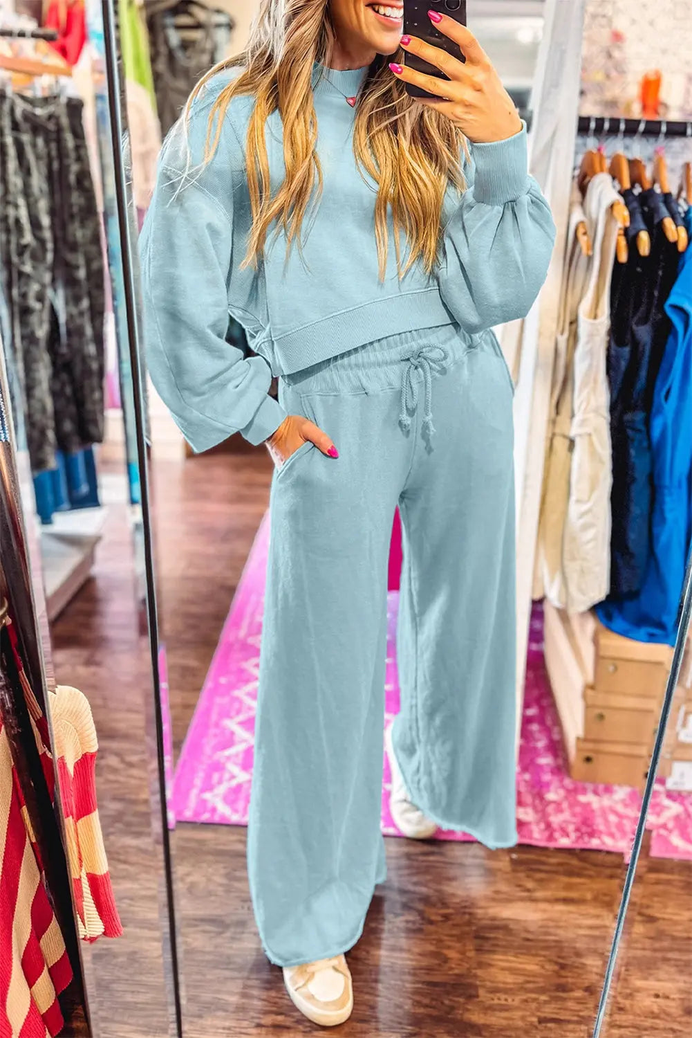 Mist Blue Drop Shoulder Puff Sleeve Crop Pullover Drawstring Wide Leg Pants Set Dear-Lover Dropshipping