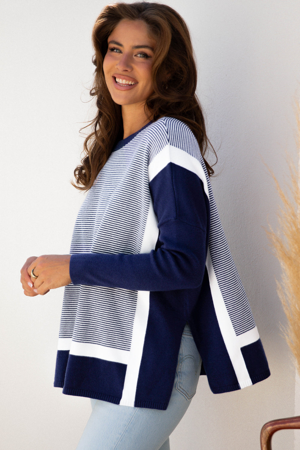 Blue Stripe Color Block Patchwork Dolman Oversize Tunic Sweater