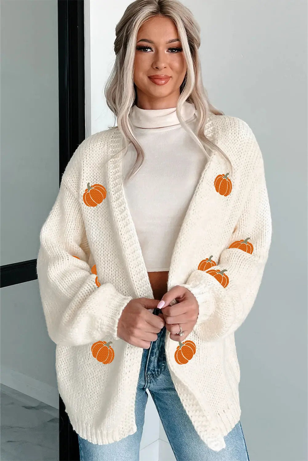White Pumpkin Print Open Front Drop Shoulder Midi Cardigan Dear-Lover Dropshipping