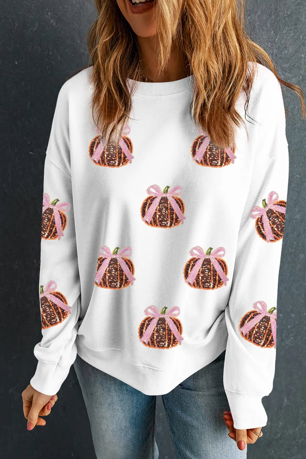 White Sequin Bow Pumpkin Patched Cotton Baggy Sweatshirt Dear-Lover Dropshipping