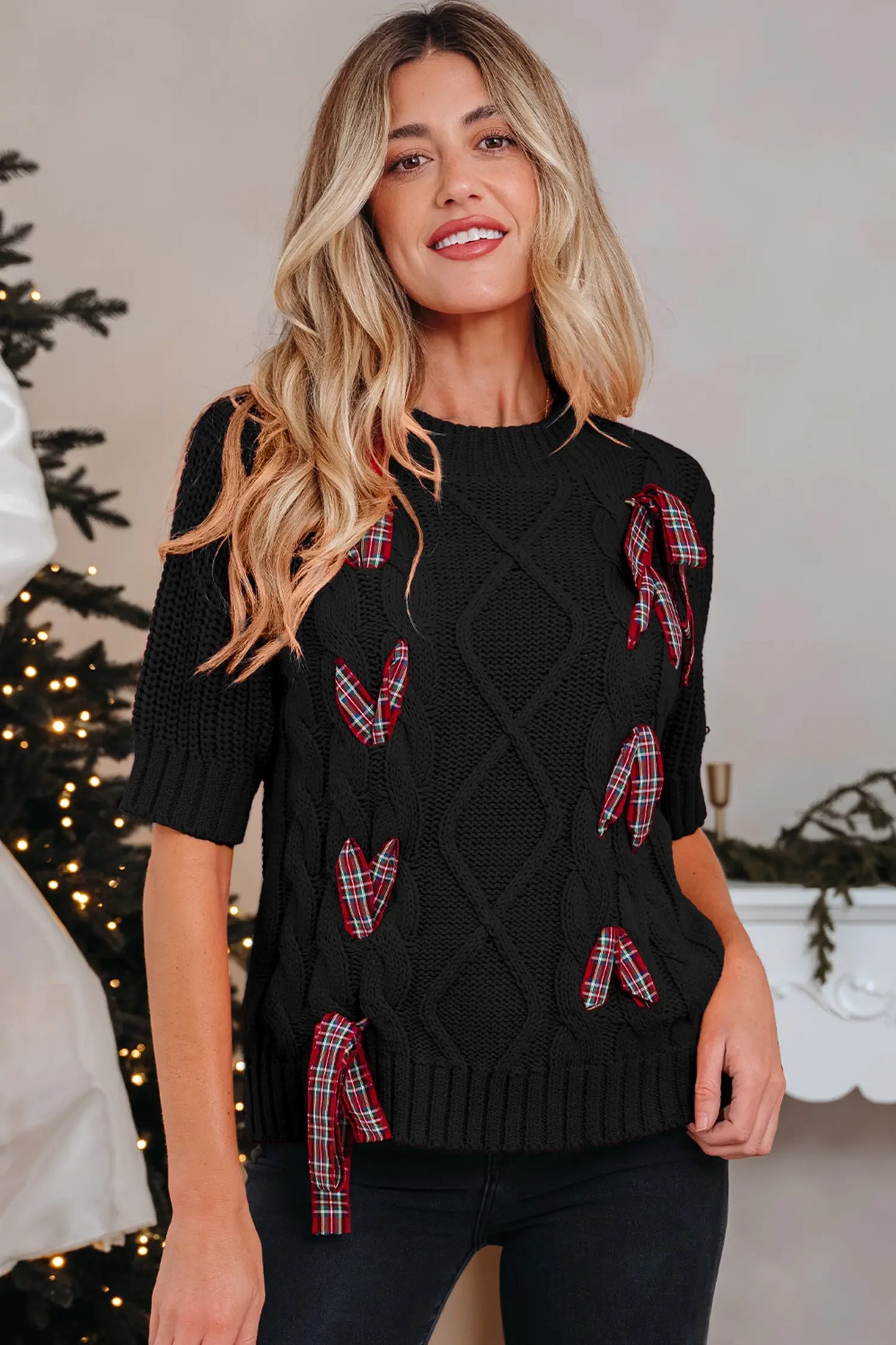 Black Plaid Lace up Detail Christmas Holiday Puff Short Sleeve Sweater Dear-Lover Dropshipping