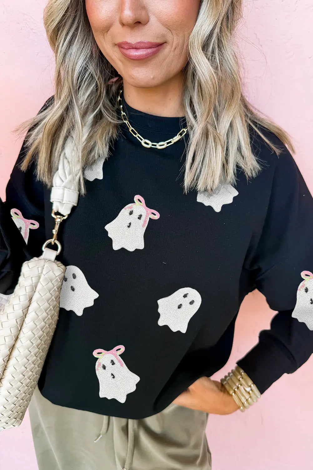 Black Sequin Cute Bow Ghost Graphic Crew Neck Halloween Sweatshirt Dear-Lover Dropshipping