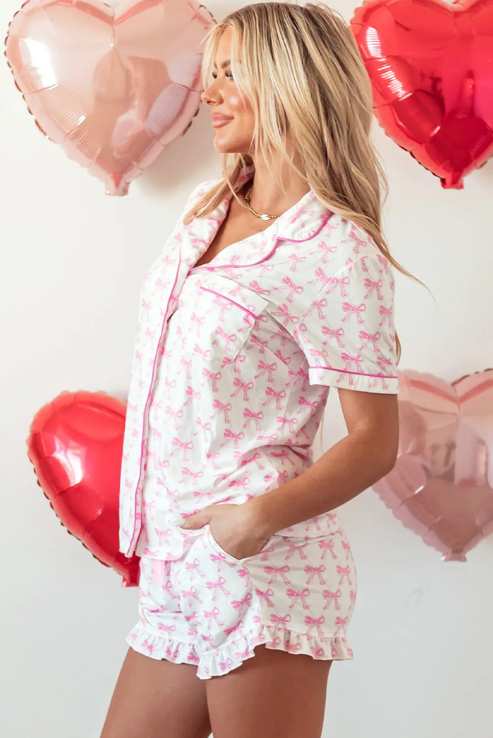 Pink Bowknot Printed Short Sleeve and Ruffled Shorts Pajama Set Dear-Lover Dropshipping