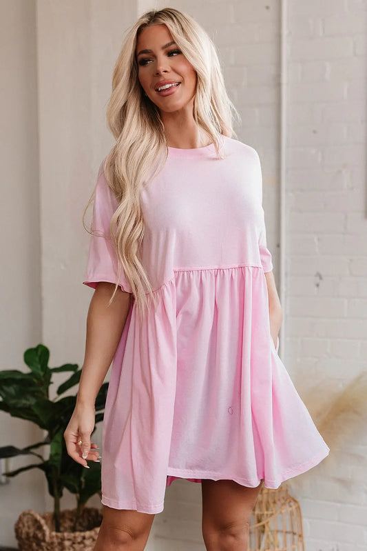 Light Pink Solid Color Pocketed Raw Edge Babydoll Dress Dear-Lover Dropshipping