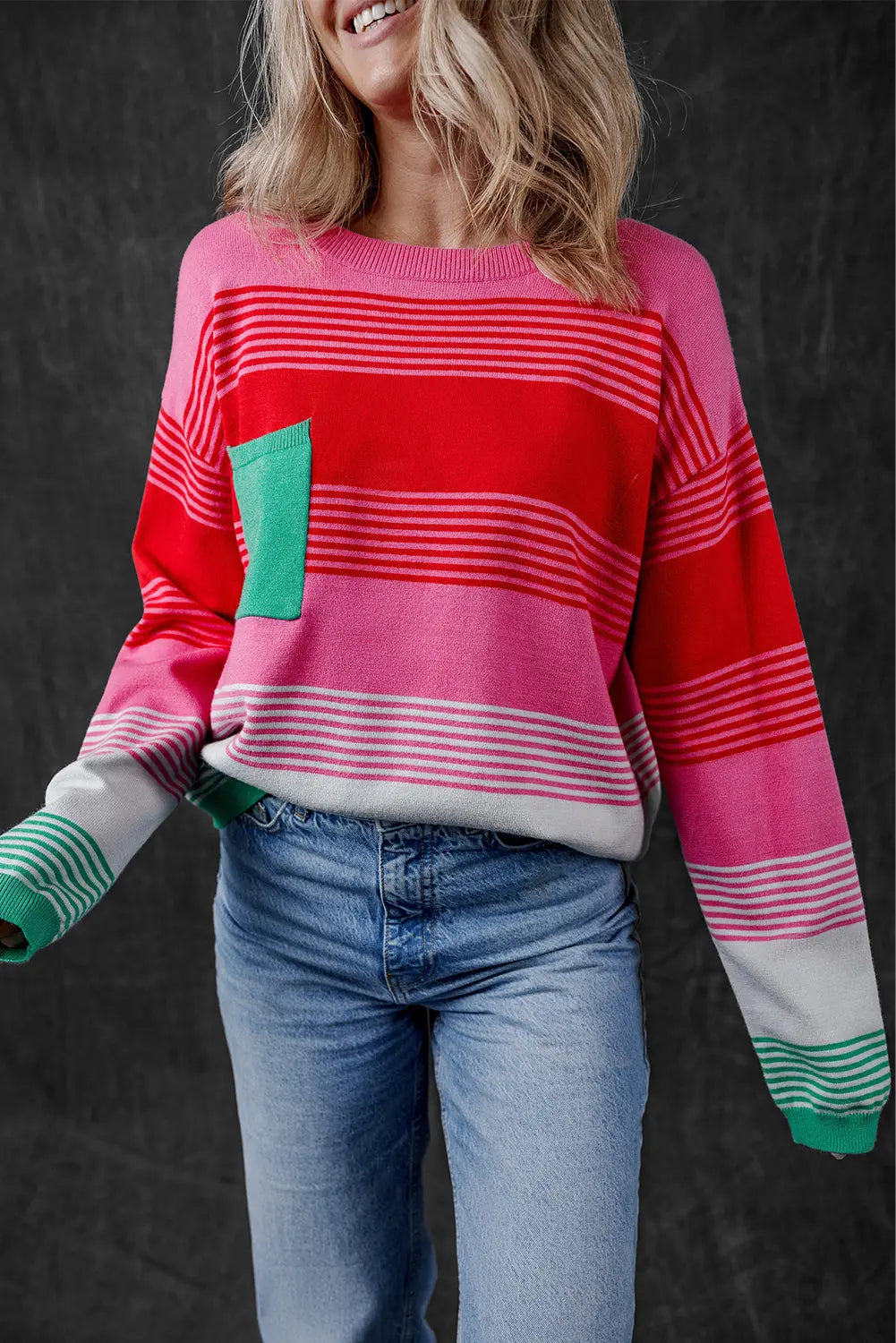 Rose Striped Knit Patch Pocket Drop Shoulder Sweater Dear-Lover Dropshipping