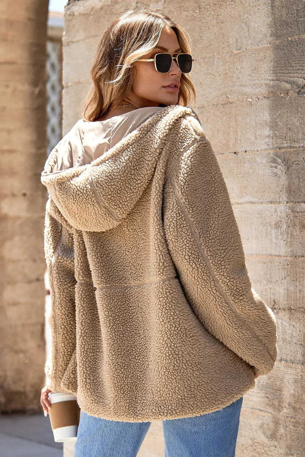 Pale Khaki Fleece Zip Up Drawstring Hooded Pocketed Jacket Dear-Lover Dropshipping