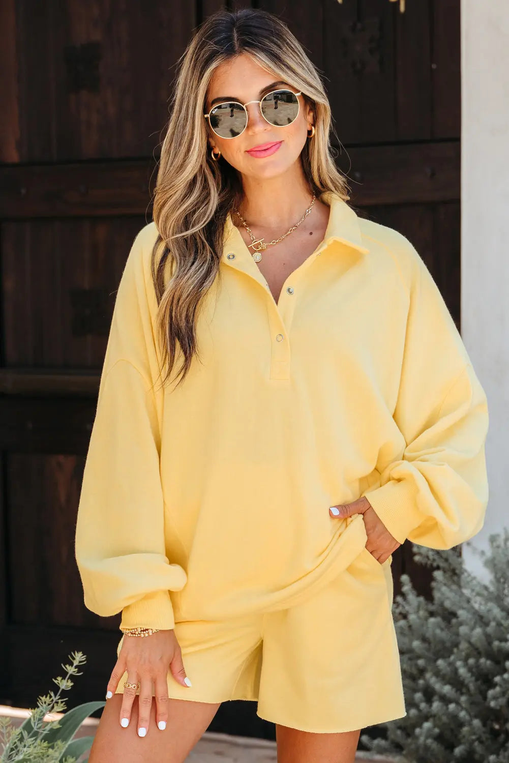 Yellow Cream Button Collar Drop Shoulder Pullover and Shorts 2pcs Outfit Dear-Lover Dropshipping