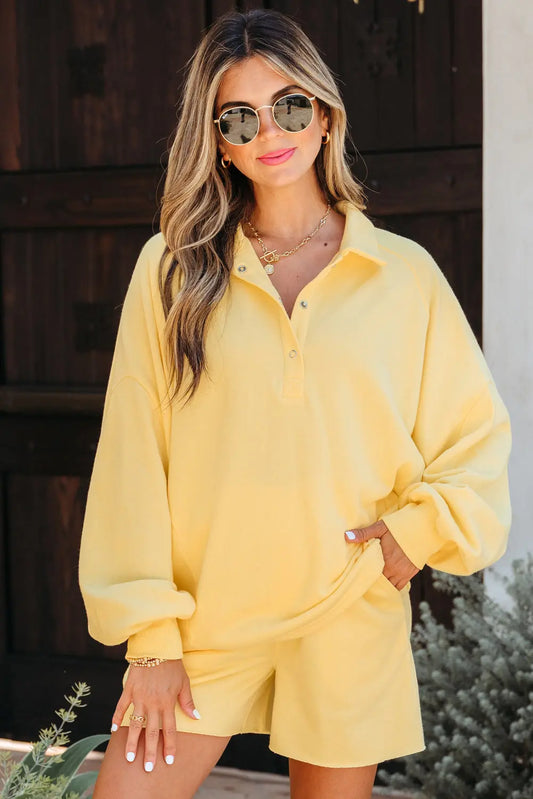 Yellow Cream Button Collar Drop Shoulder Pullover and Shorts 2pcs Outfit Dear-Lover Dropshipping