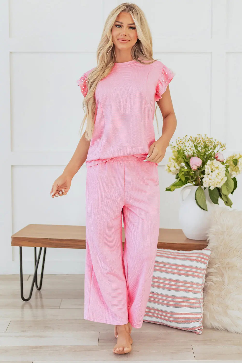 Pink Textured Pearled Ruffled Sleeve Wide Leg Pants Set Dear-Lover Dropshipping
