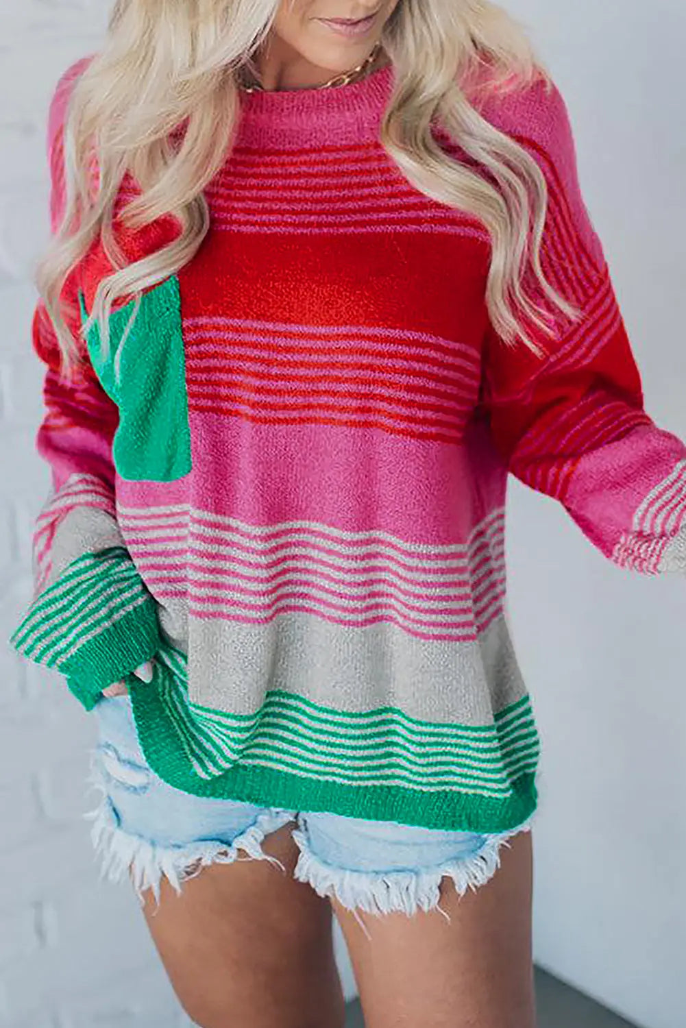 Rose Striped Knit Patch Pocket Drop Shoulder Sweater Dear-Lover Dropshipping