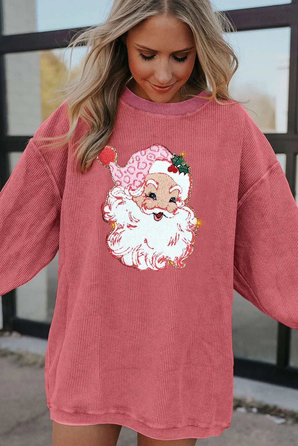 Strawberry Pink Santa Claus Sparkle Corded Crew Neck Sweatshirt Dear-Lover Dropshipping