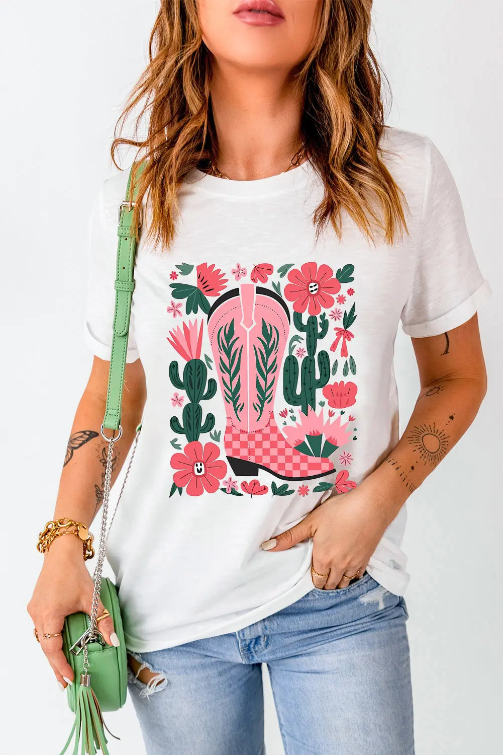 White Western Boots Flower Print Round Neck T Shirt Dear-Lover Dropshipping