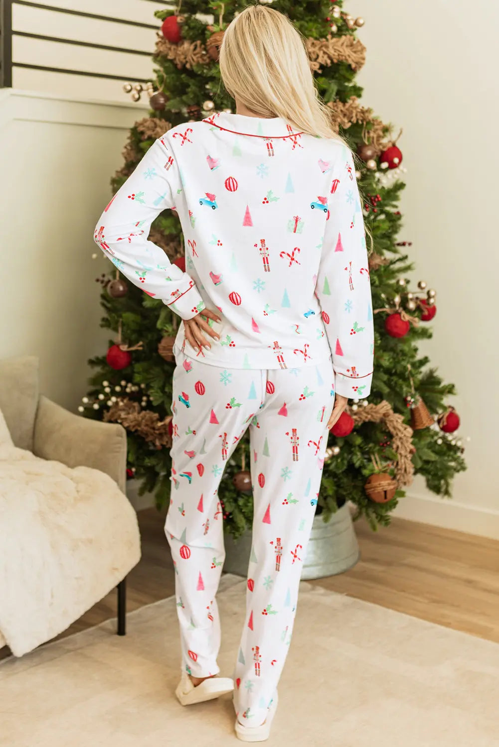 White Christmas Print Lapel Shirt and Pants Sleepwear Dear-Lover Dropshipping