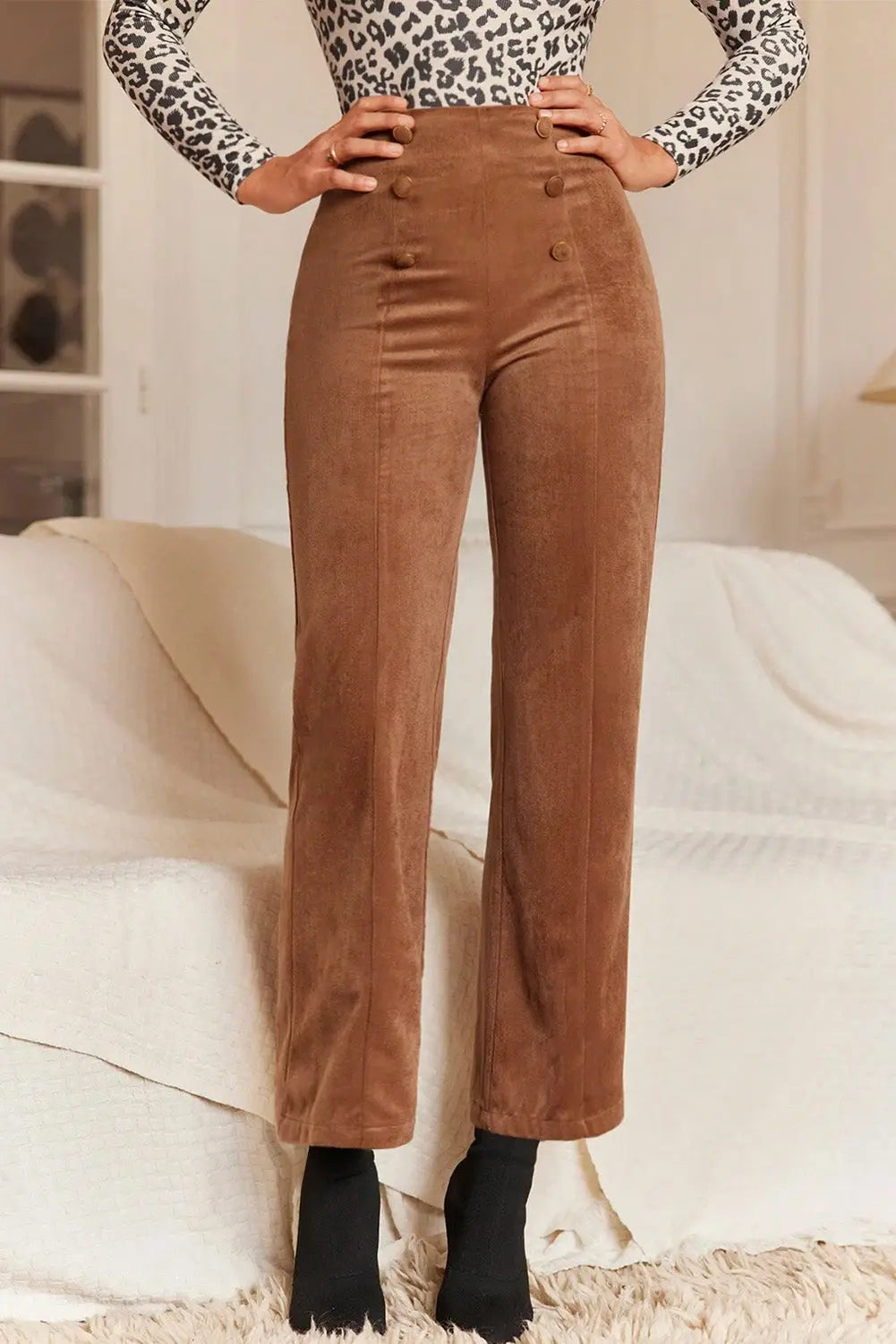 Chestnut Solid Color Double Breasted Straight Leg Pants Dear-Lover Dropshipping