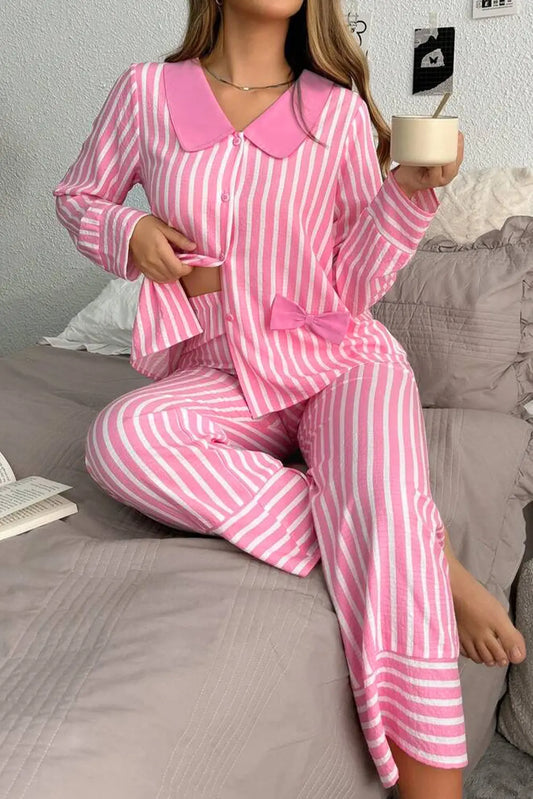 Pink Stripe Buttoned Front Long Sleeve Top and Pants 2 Piece Sleepwear Dear-Lover Dropshipping