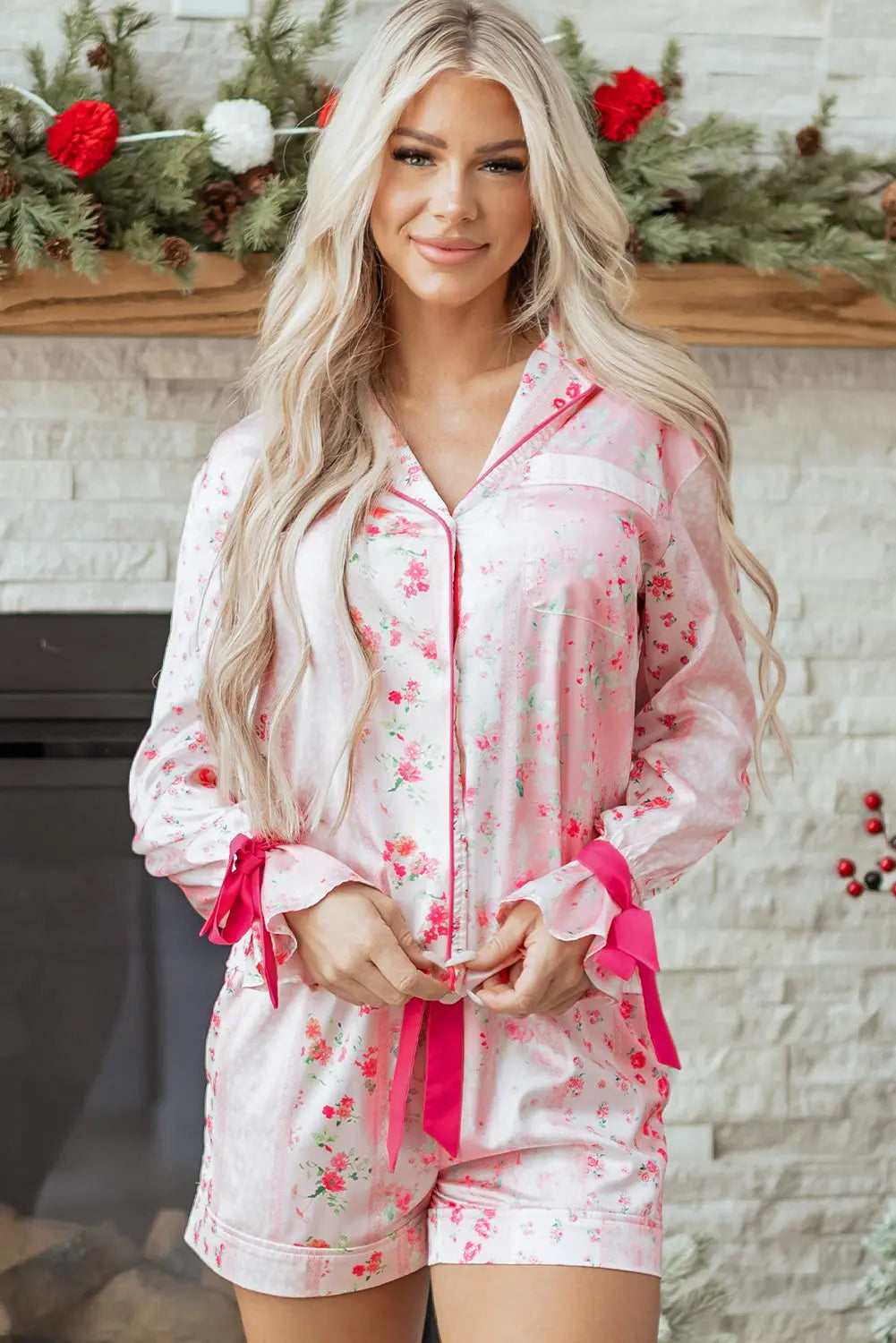 Pink Mixed Floral Print Contrast Piping Trim Satin Tie 2pcs Pajama Set Dear-Lover Dropshipping
