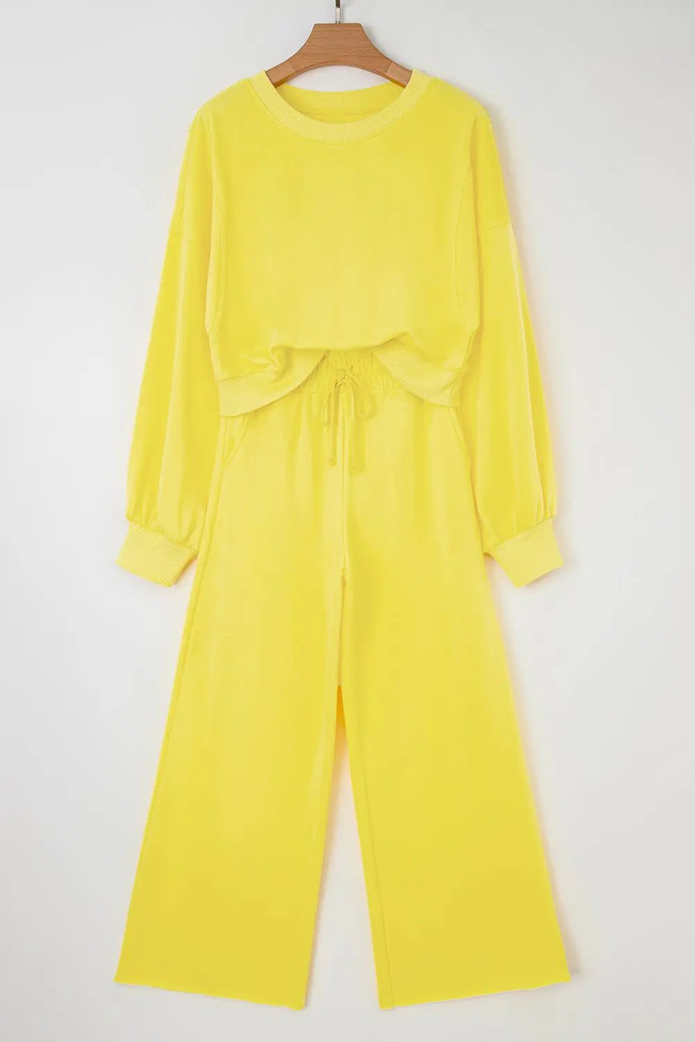 Yellow Cream Drop Shoulder Puff Sleeve Crop Pullover Drawstring Wide Leg Pants Set Dear-Lover Dropshipping