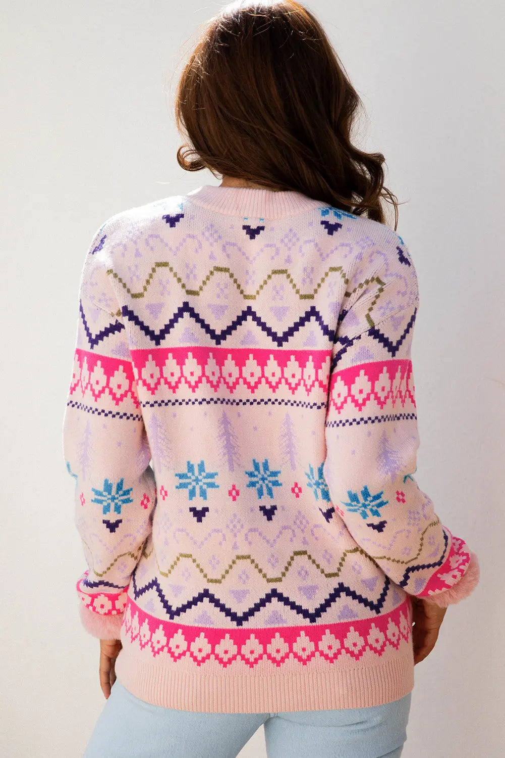 Multicolour Ethnic Christmas Pattern Knit Feather Cuffed Sweater Dear-Lover Dropshipping