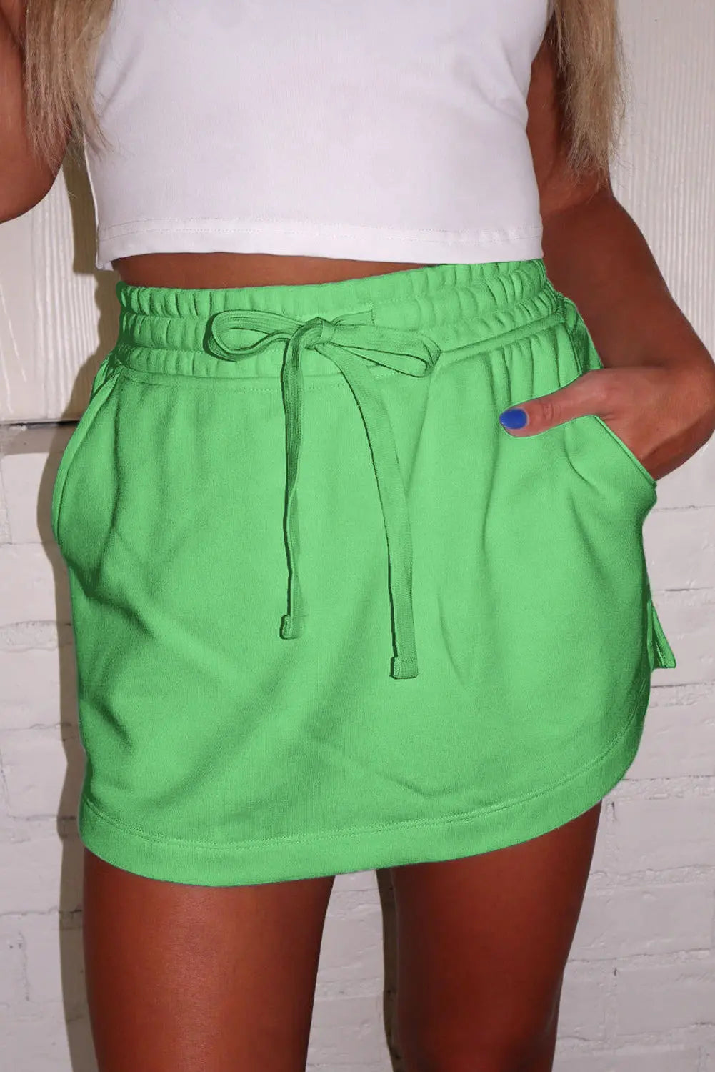 Light Green French Terry Drawstring Elastic Waistband Mini Skort with Pockets Dear-Lover Dropshipping